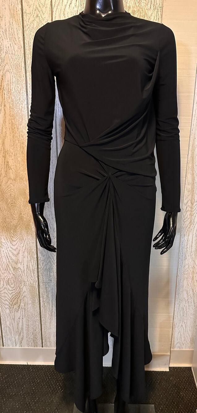 ZARA Black Draped/Ruched Long-Sleeve Fitted Maxi Dress Size Small ~ ELEGANT!